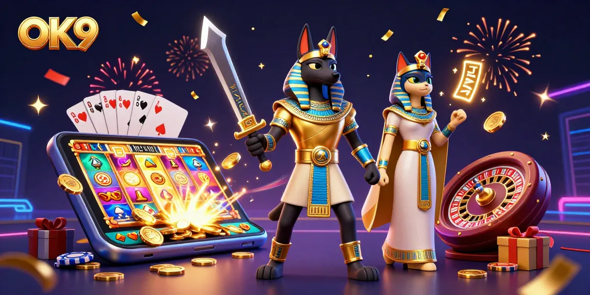 Experience the thrill of winning with OK9 in a vibrant casino adventure featuring playful characters.