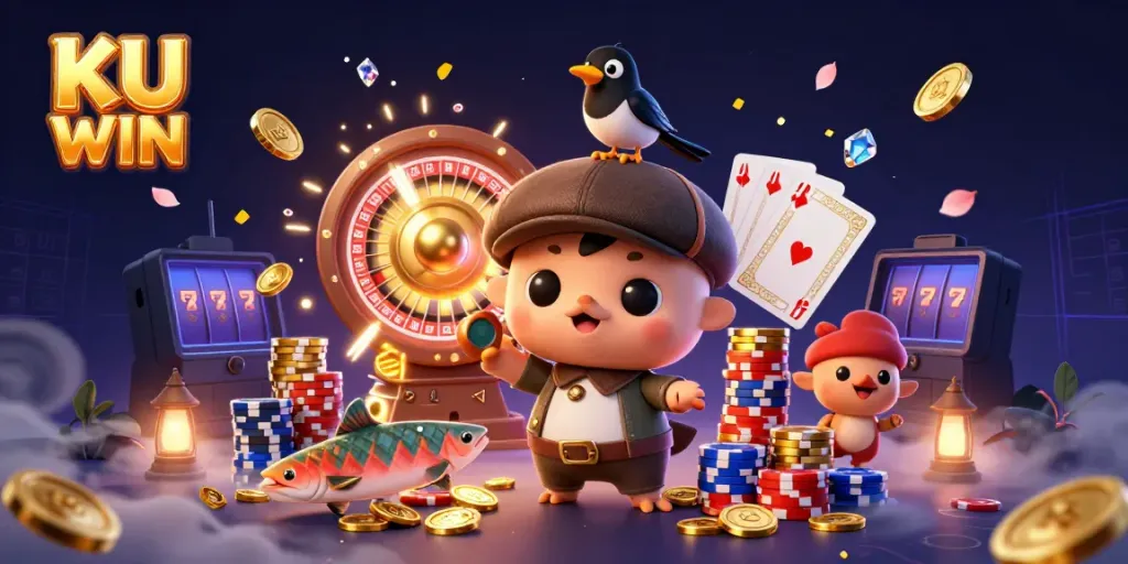 Experience the excitement of KU WIN with cascading coins, vibrant characters, and thrilling casino elements.