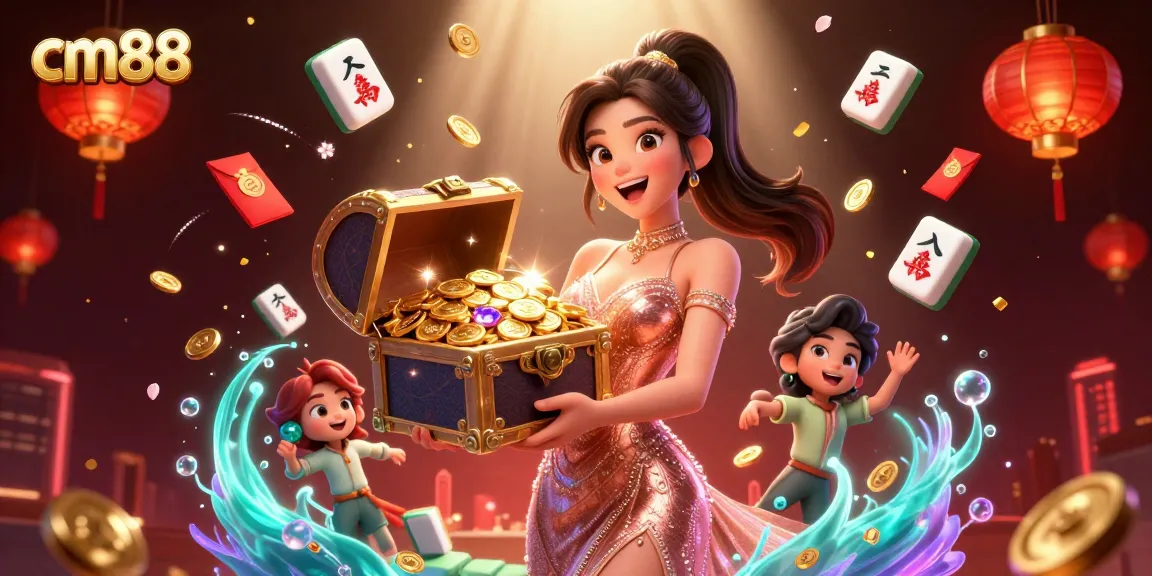 cm88 showcases a stunning 3D illustration of an Asian woman presenting treasures amidst vibrant casino elements.