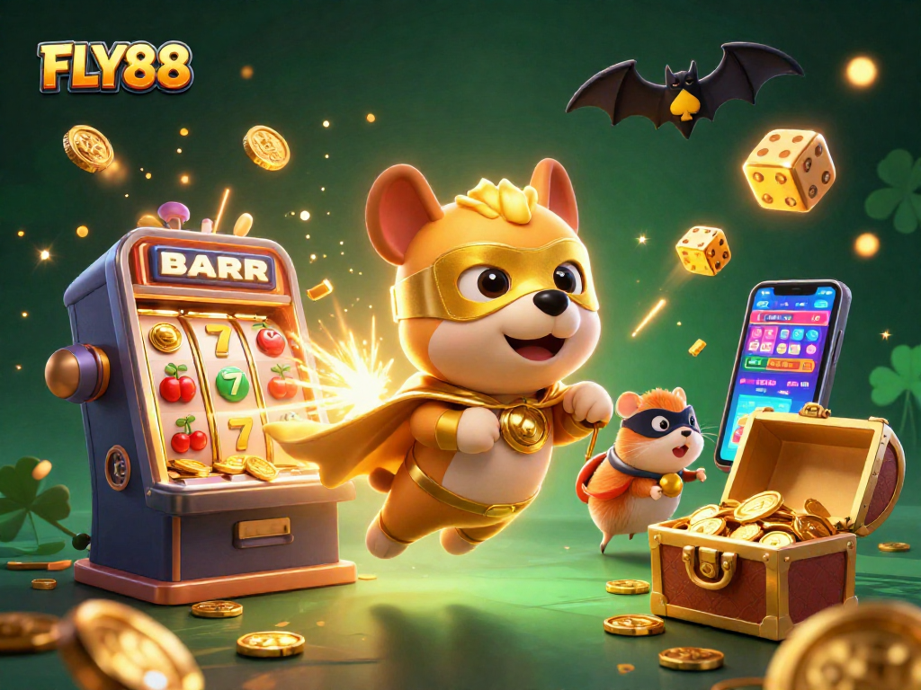 Experience thrilling wins with FLY88's 3D superhero dog flying amidst casino elements and jackpots.