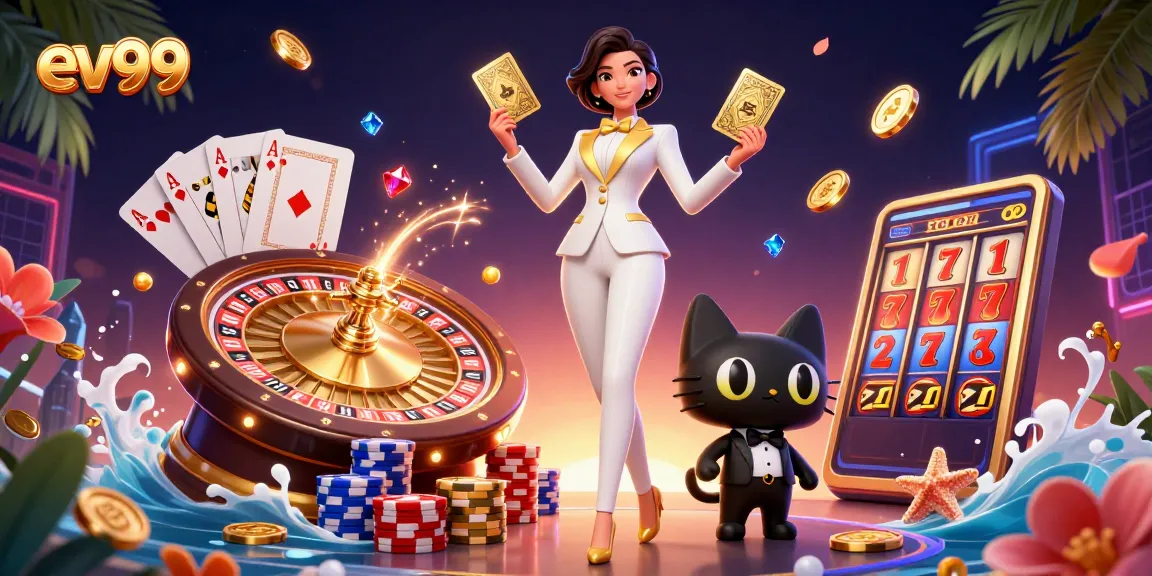 ev99 showcases glamorous casino action with games, cards, and vibrant elements in a dynamic illustration.