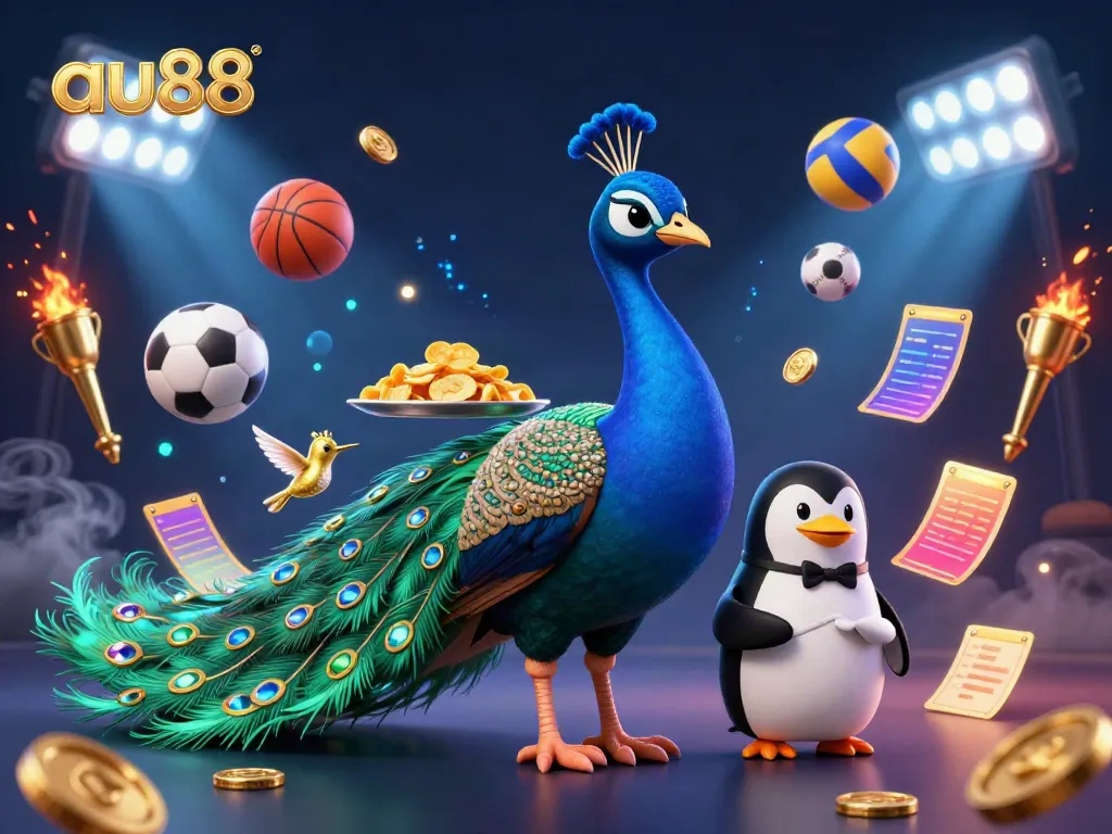 Experience vibrant gaming excitement at AU88 with an engaging 3D casino scene featuring dynamic sports elements.