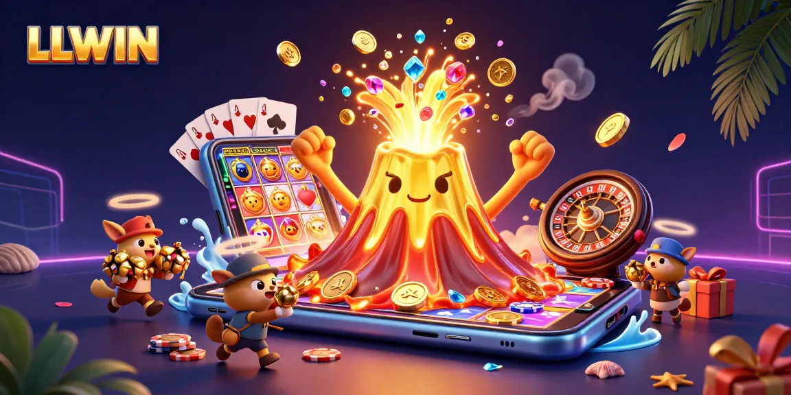 LLWIN reveals the excitement of jackpot wins with a golden volcano erupting treasures amidst vibrant casino action.
