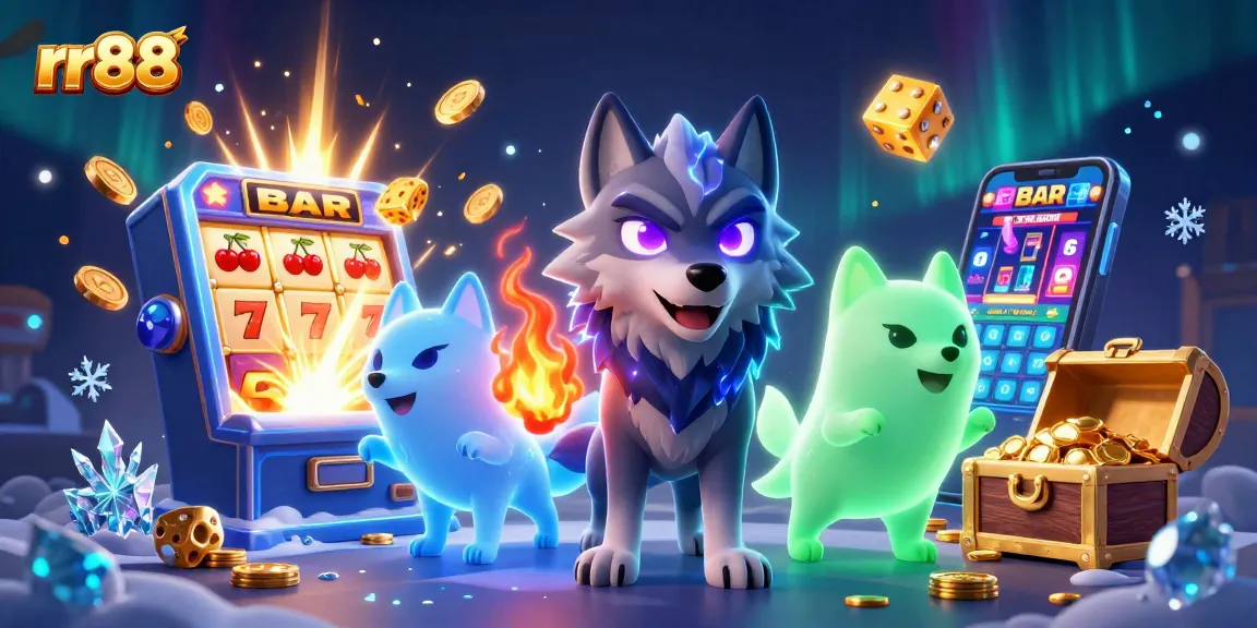 Experience thrilling gameplay at rr88 with ghostly wolves amidst slot machines and vibrant casino elements.