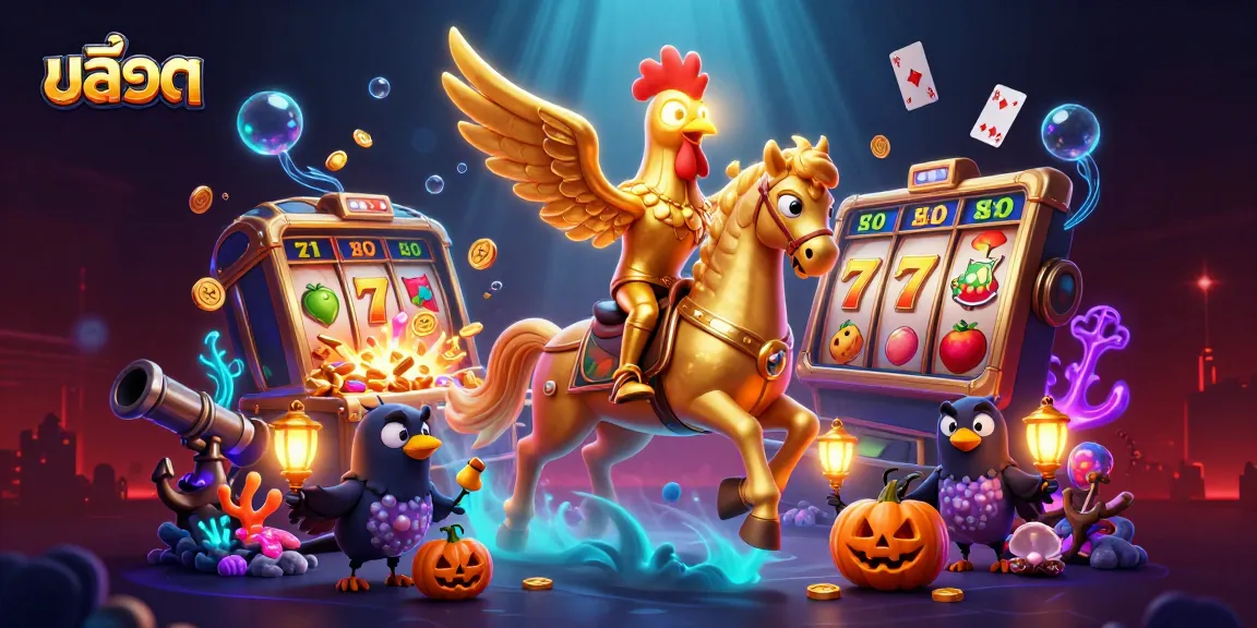 Experience exciting สล็อต action with a golden rooster, spectral horse, and vibrant casino elements.
