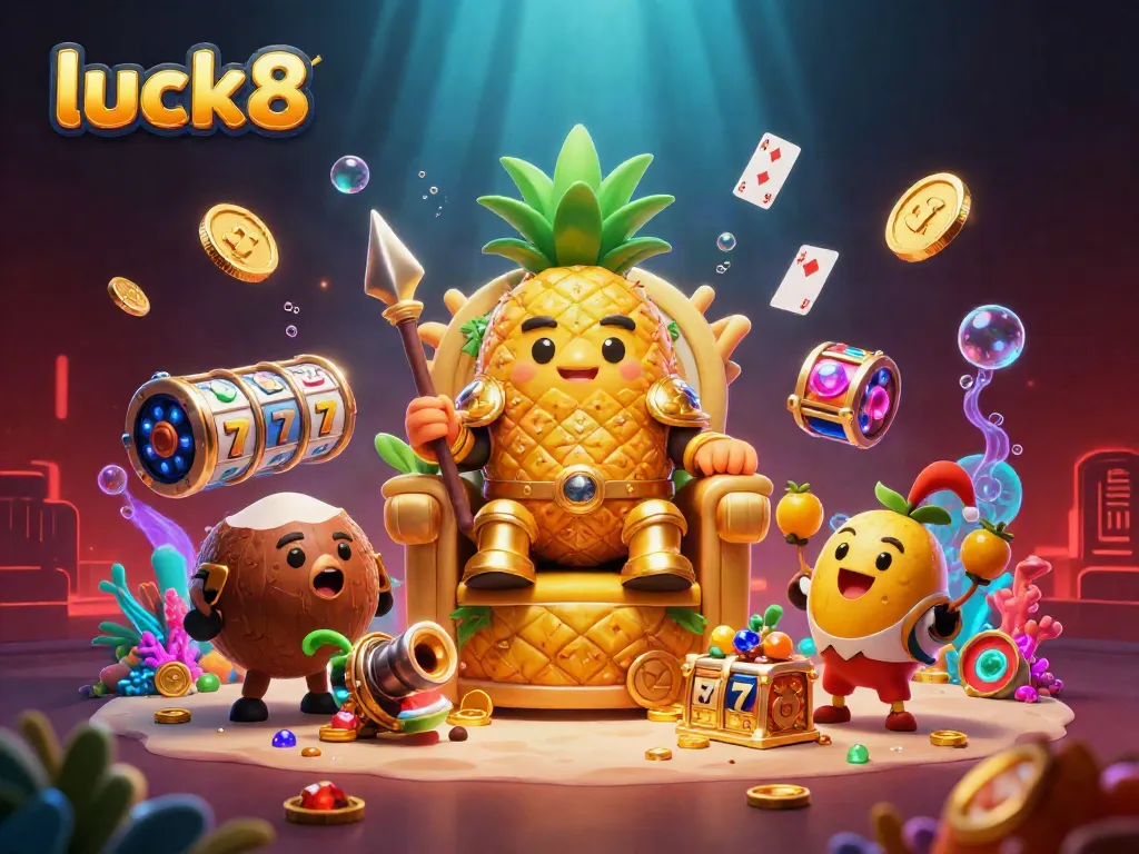 Experience the thrill of luck8 with a vibrant casino scene featuring a pineapple king and dynamic elements.