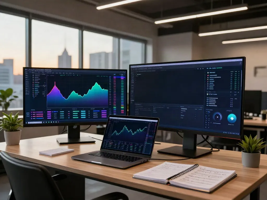 Verified Telegram channel in use within a professional cryptocurrency trading setup featuring advanced trading screens, secure digital wallets, and DeFi analytics.