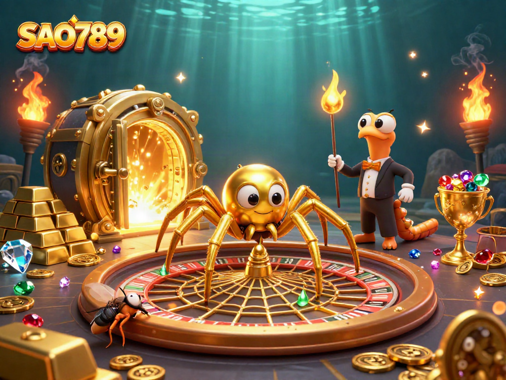 SAO789 engages players in thrilling bets with a golden web casino scene.