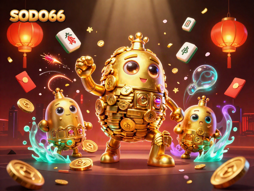 Engage with SODO66's thrilling gaming atmosphere featuring a golden golem and vibrant casino symbols.
