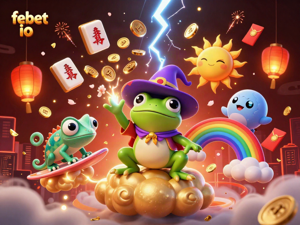 Experience winning with febet io as a wizard frog conjures golden coins amidst a vibrant gaming scene.