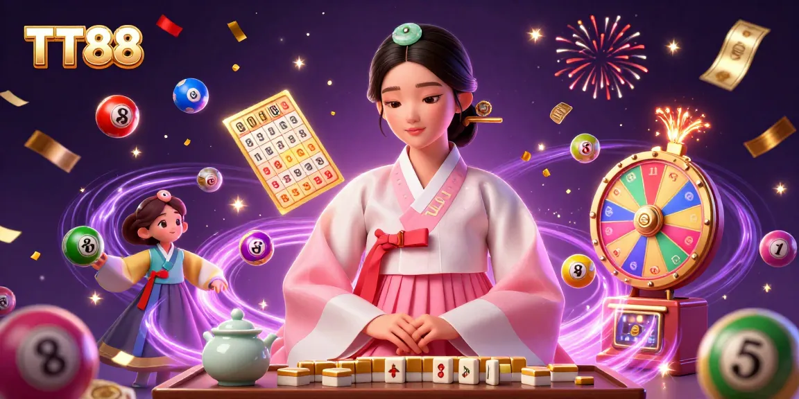 Experience festive excitement at TT88 with colorful lottery elements and a serene character in an elegant setting.