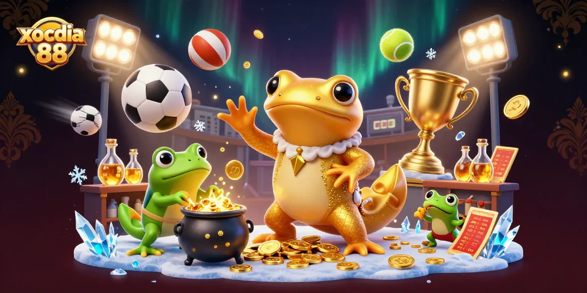 Xocdia 88 offers thrilling gameplay, showcasing a vibrant 3D casino scene with dynamic sports elements and golden rewards.