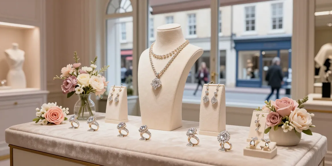 Stunning bridal jewellery set displayed elegantly in a luxury boutique, showcasing exquisite rings and necklaces.