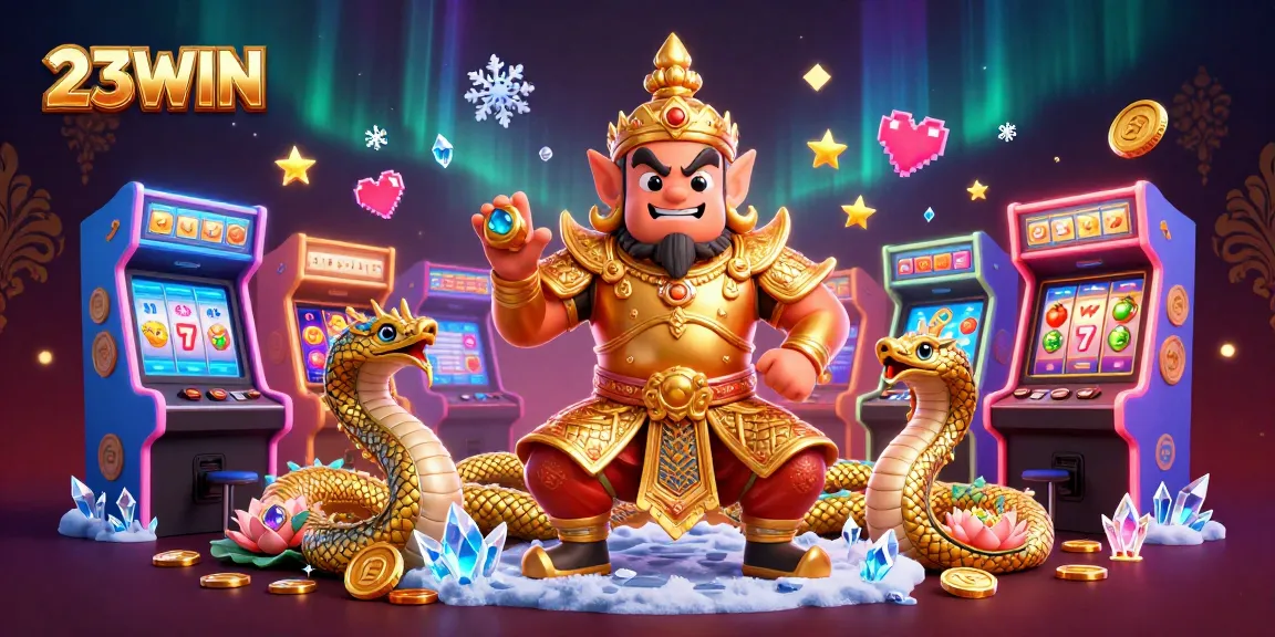 Spin and win with 23WIN at this vibrant casino-themed illustration showcasing slot machines and guardians.