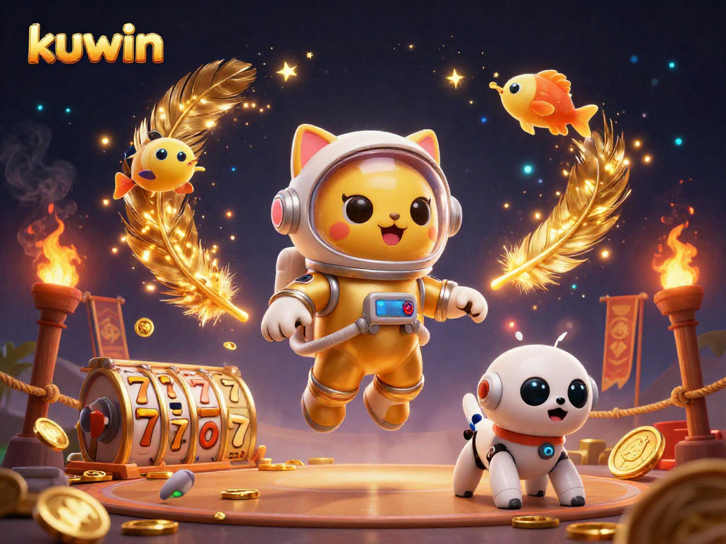 Kuwin brings excitement with a 3D illustration of a floating astronaut cat, showcasing vibrant gambling elements.