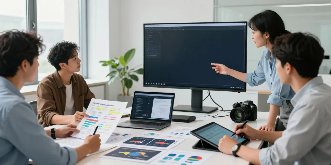 Professionals collaborating on software sponsored content UK in a modern office
