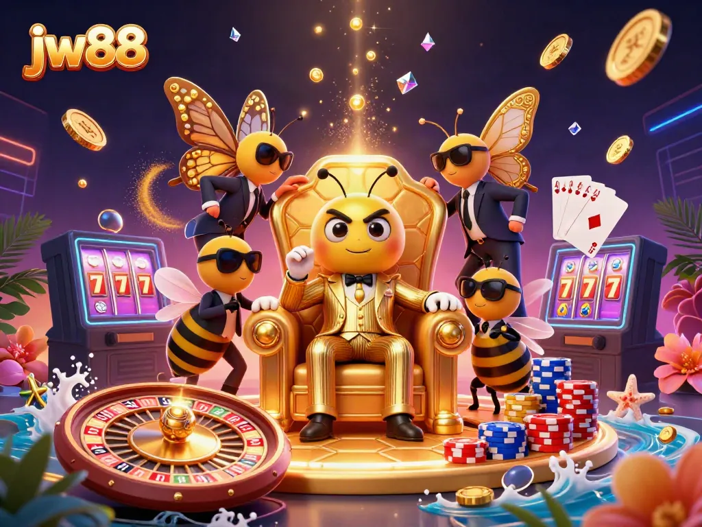 Engage in exciting betting at jw88's vibrant casino scene with gold coins, roulette, and colorful chips.