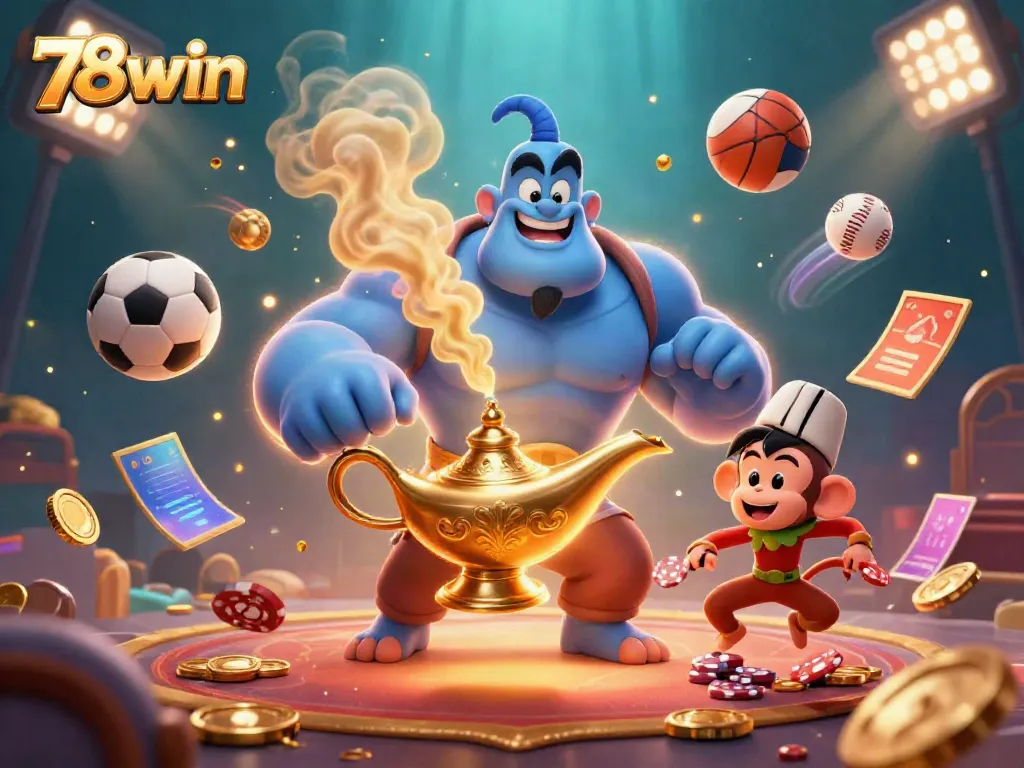 Experience the thrill with 78win as a blue genie bursts from a lamp amidst dynamic sports elements.