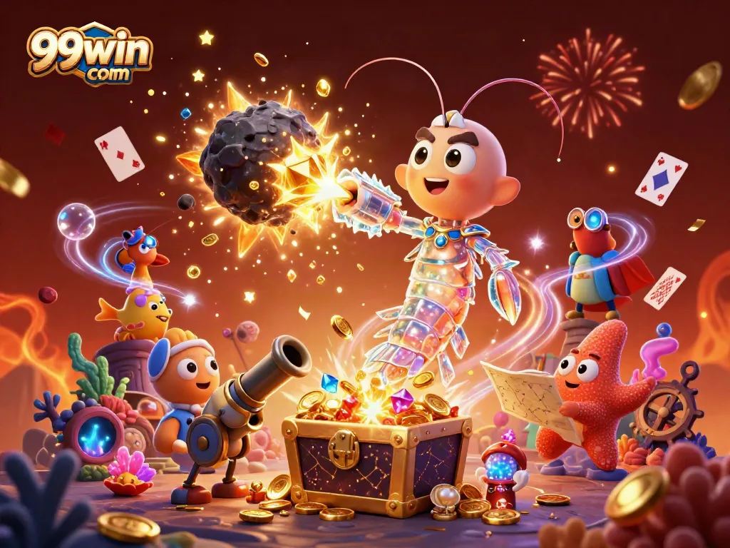 Engage in excitement with 99win com as the galactic samurai mantis shrimp bursts through an asteroid, revealing treasures.