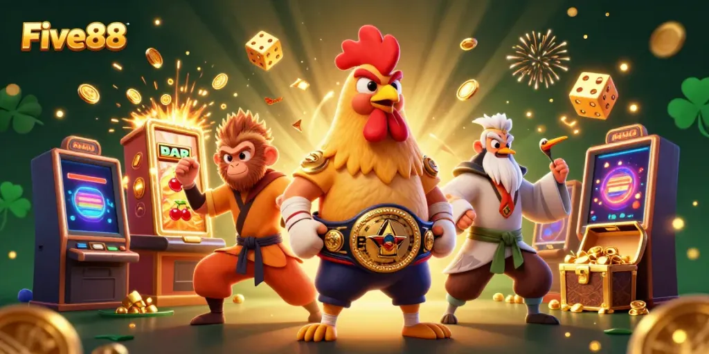 Experience thrilling jackpots at Five88 with a fierce rooster, monkey martial artist, and wise crane amidst casino chaos.