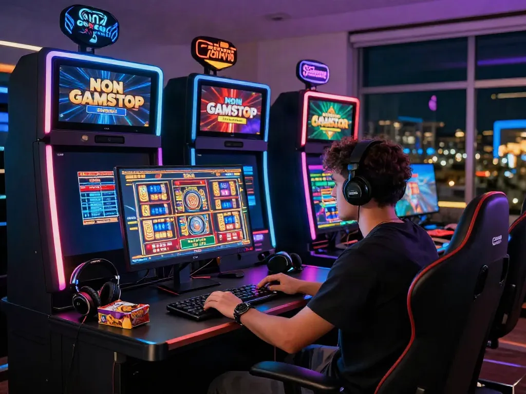 Engaging scene of a user playing at non gamstop casinos with vibrant graphics and sleek gaming setup.