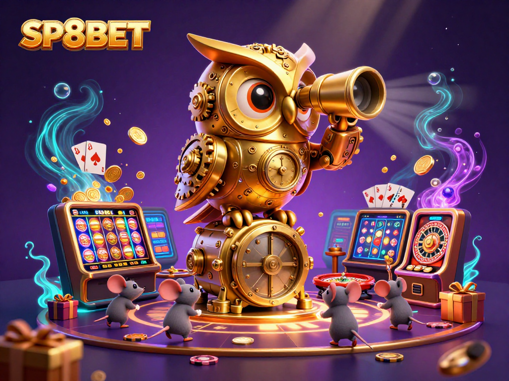 Experience the thrill of SP8BET with a vibrant, action-packed casino scene featuring a clockwork owl and mouse patrons.