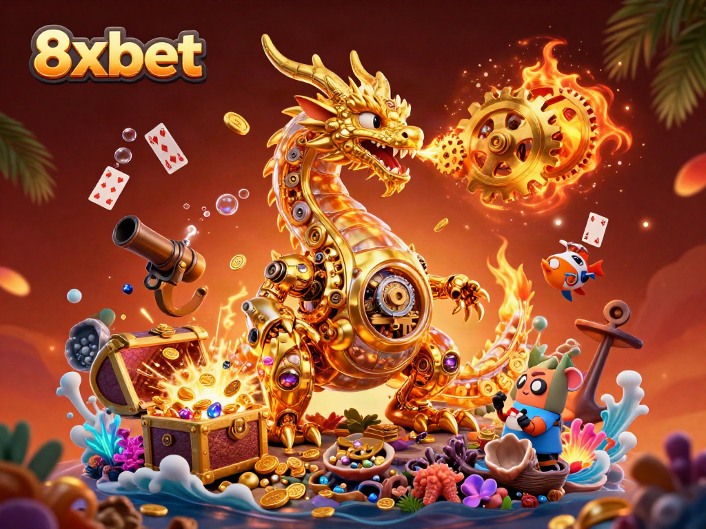Experience the excitement of 8xbet with a vibrant 3D illustration of a dragon and gaming elements.