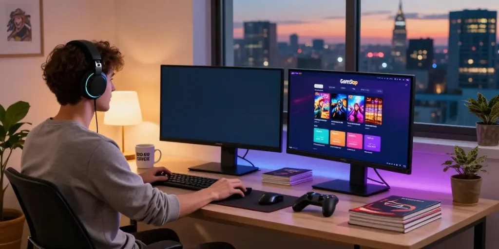 Gaming enthusiast exploring non GamStop casinos at a stylish home setup.