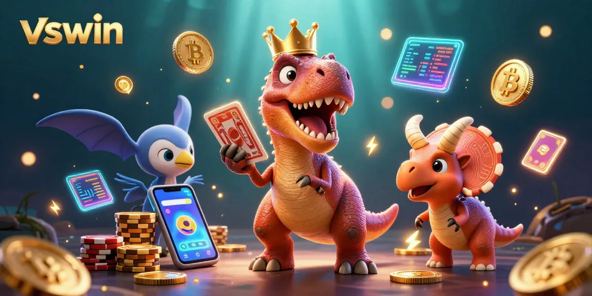 Win big with vswin in this dynamic 3D casino scene featuring card shuffling and chip stacking activities.