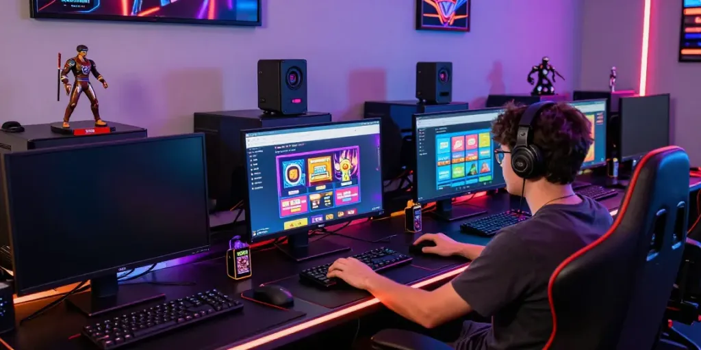 Excited gamer exploring non GamStop casinos on multiple screens in a vibrant gaming room.