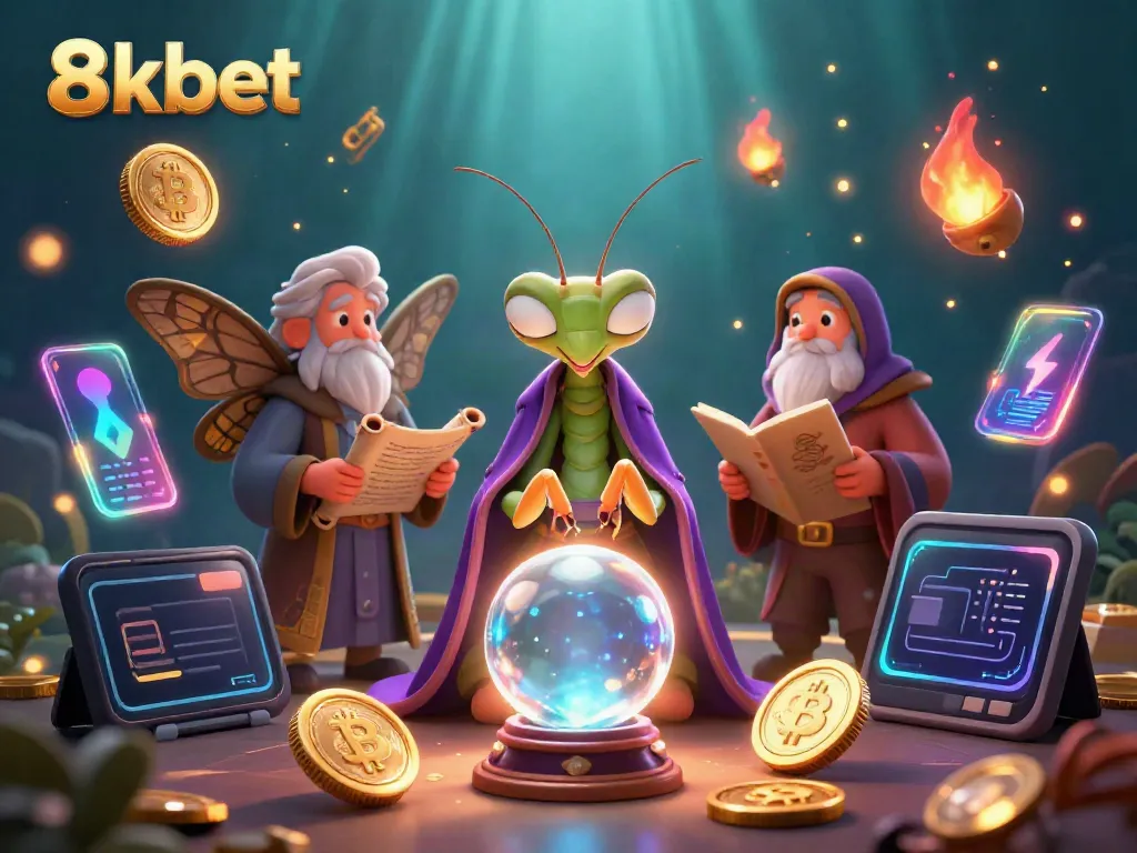 Engage with 8kbet through a captivating casino scene showcasing fortune-telling characters, crypto elements, and vibrant decorations.