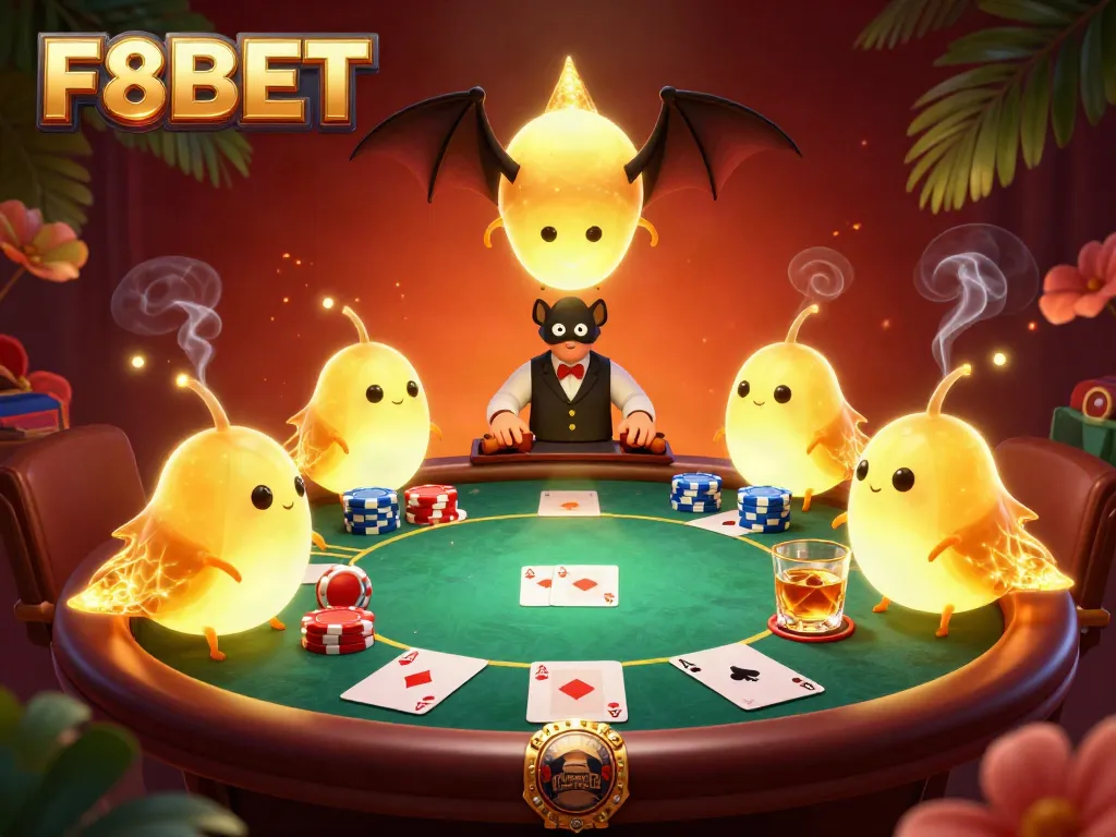 Illuminated F8BET casino scene with glowworms, poker table, and vibrant decorations.