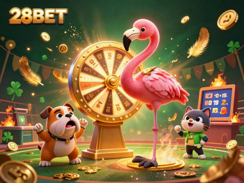 Place bets at 28BET with a vibrant scene featuring a flamingo game show host and bulldog contestant.