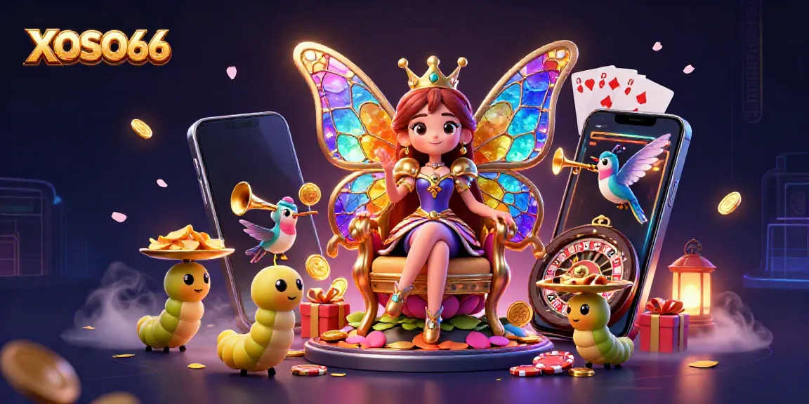 XOSO66 features a colorful casino scene with a butterfly queen and vibrant game elements.