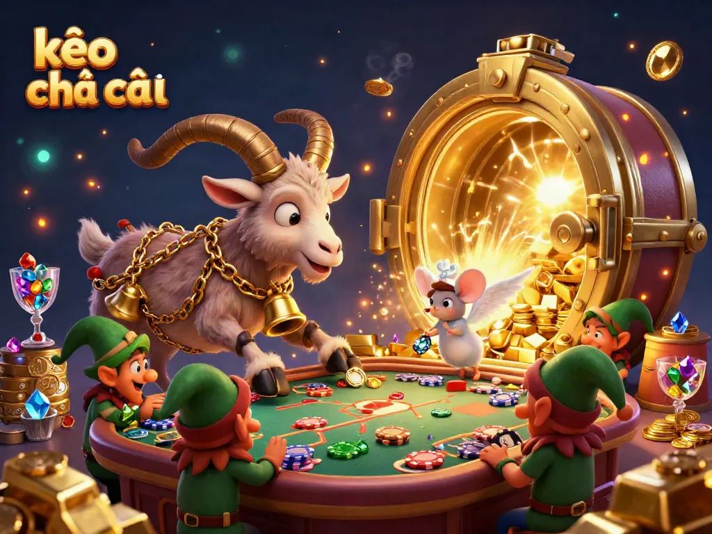 The kèo nhà cái festive casino scene depicts a Krampus goat running the establishment, with a tiny mouse and mischievous elves in action.