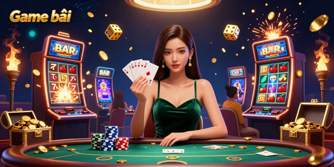 Experience Game bài excitement with a focused Asian woman at a poker table amidst vibrant casino elements.
