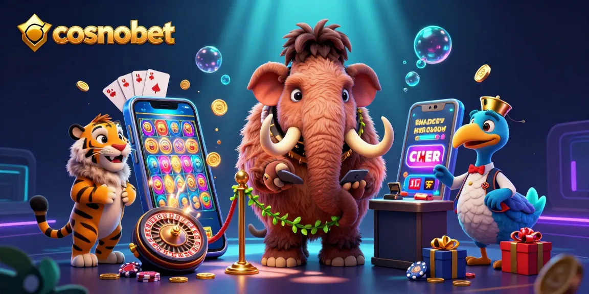 Experience the excitement of cosmobet with a vibrant casino scene featuring a mammoth bouncer and VIP guests.