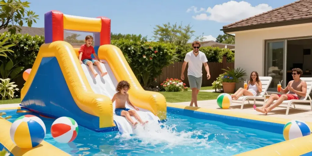 Children sliding down a colourful water slide into a pool, epitomising summer fun.