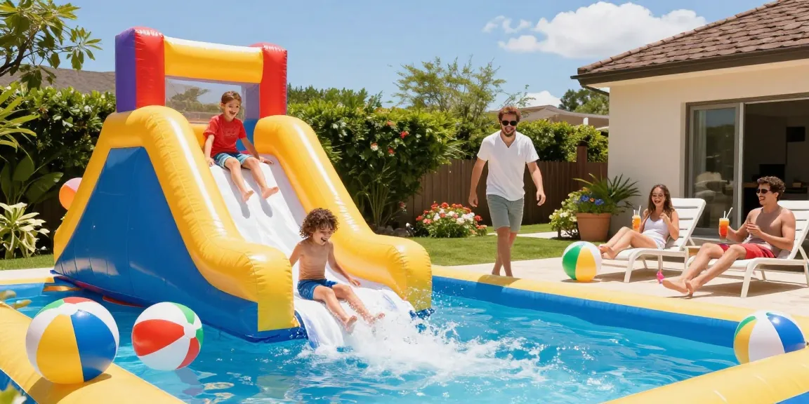 Children sliding down a colourful water slide into a pool, epitomising summer fun.