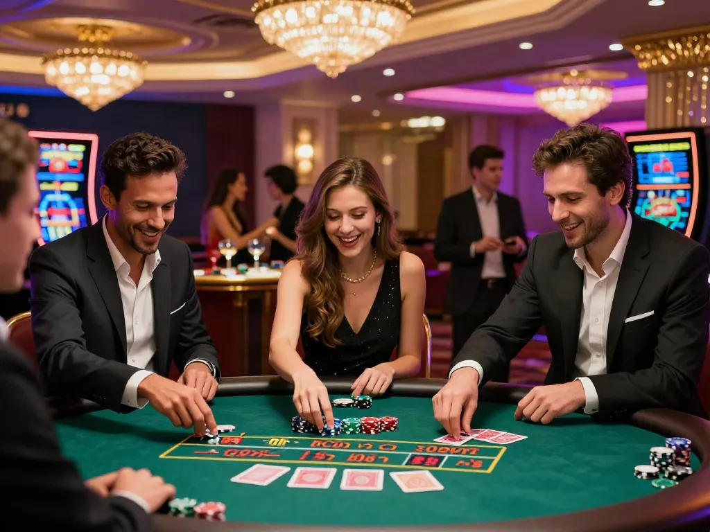 Diverse friends betting at non GamStop casinos roulette table, vibrant casino atmosphere.