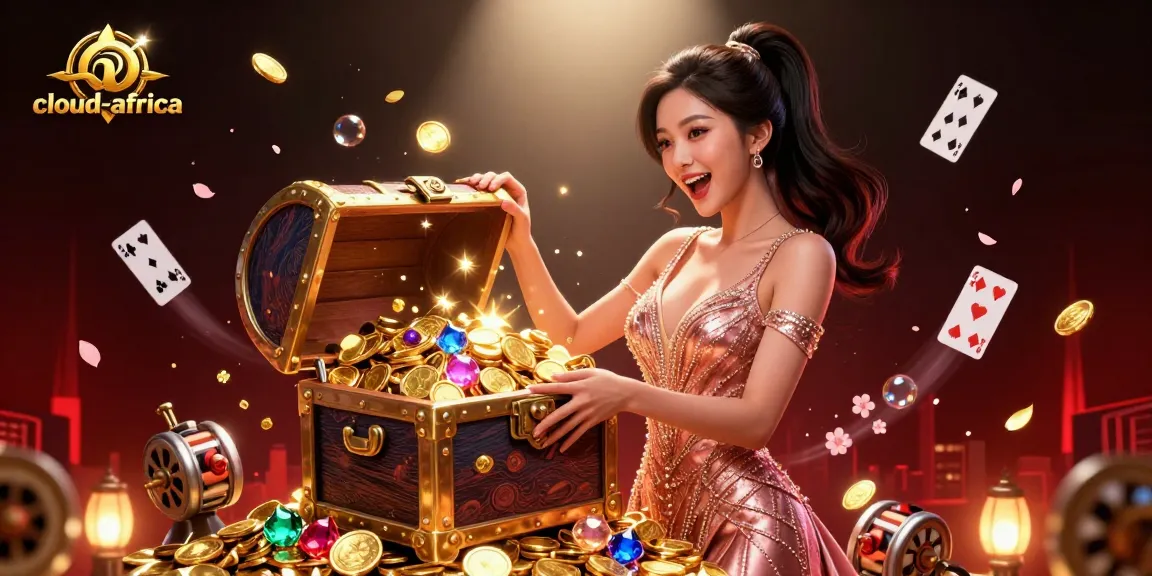 Engage with cloud-africa's vibrant casino atmosphere featuring a joyful Asian woman presenting treasure in a rich illustration.