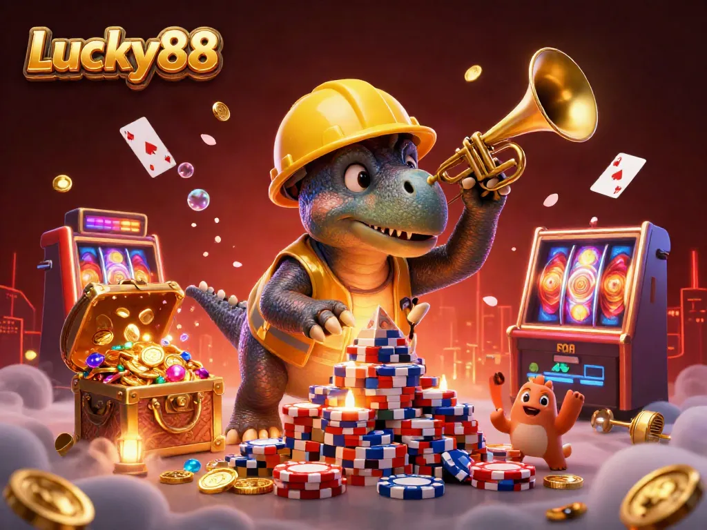 Lucky88 showcases a joyful scene with a triceratops stacking poker chips, celebrating with colorful game elements.