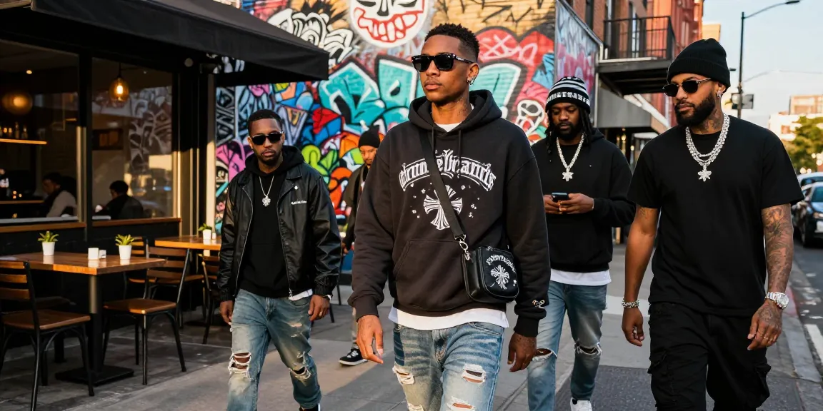Stylish individual showcasing Chrome Hearts fashion in an urban setting, featuring a hoodie, sunglasses, and accessories.