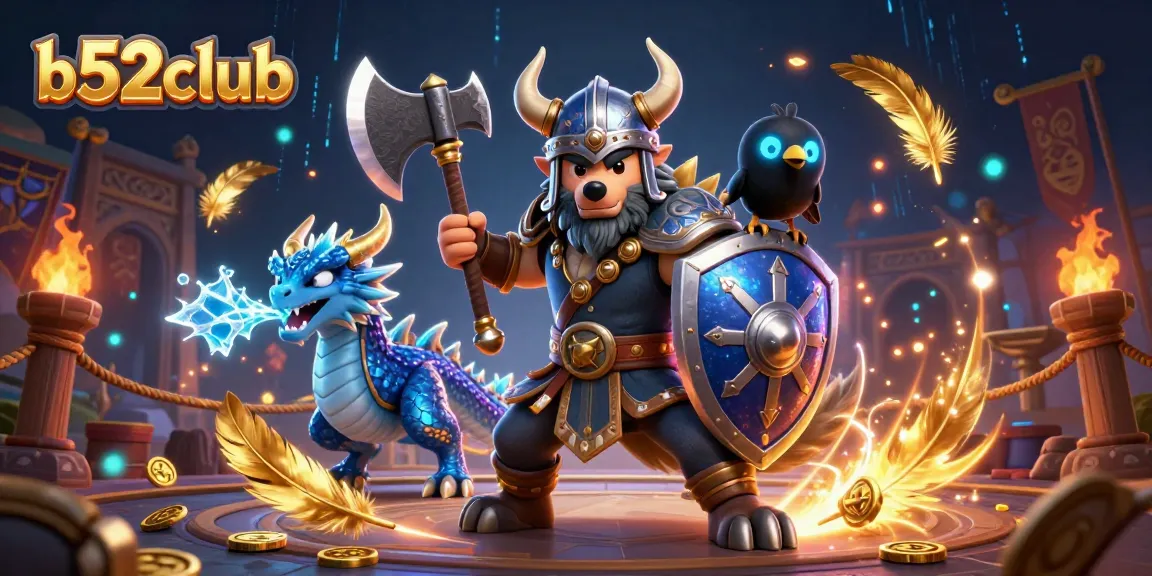 Engage with thrilling games at b52club featuring a Viking warrior, fierce dragon, and vibrant casino elements.