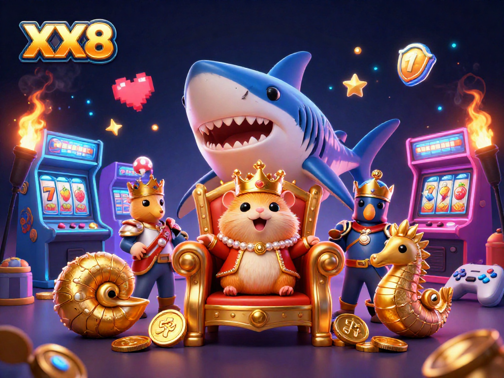 Experience thrilling gaming at XX8 with a golden hamster king on a shark throne among vibrant arcade elements.