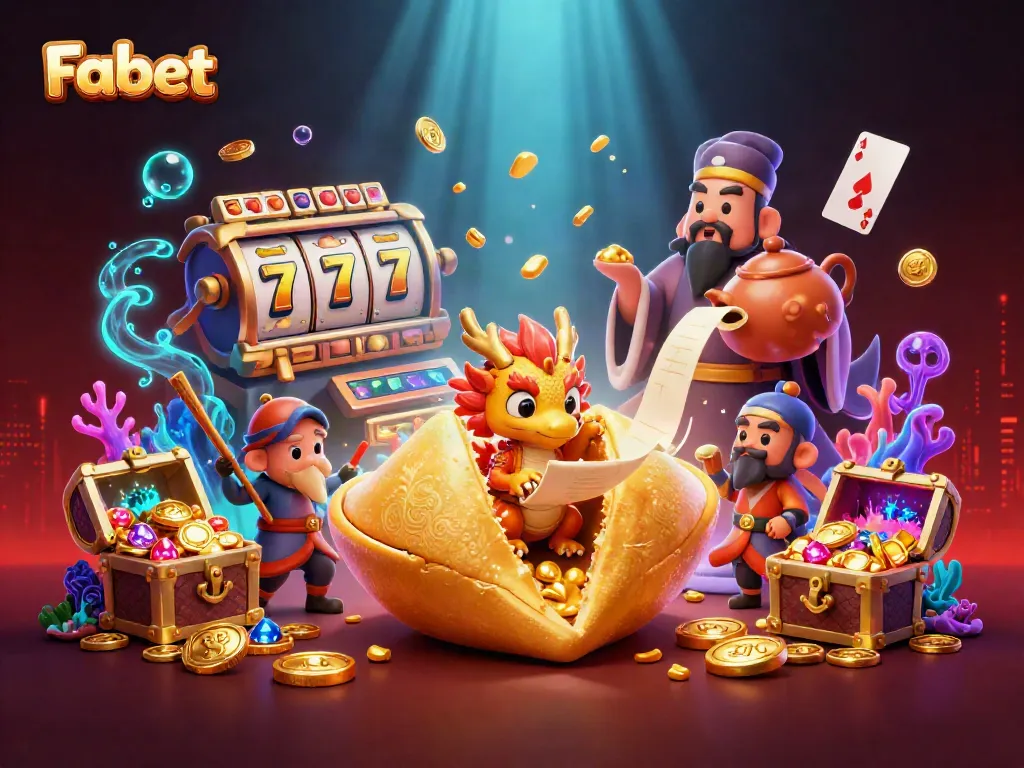 Fabet's enchanting casino adventure features a golden fortune cookie, wise dragon, and casino elements.