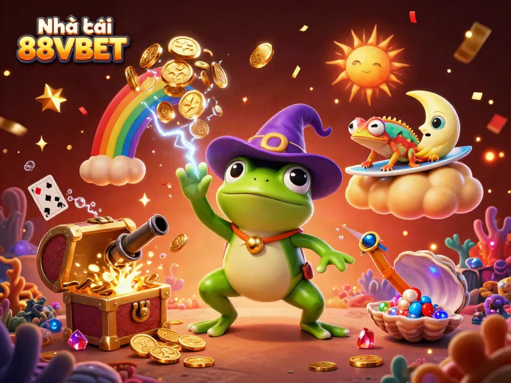 Experience the thrill of Nhà cái 88VBET as the weather wizard frog conjures golden coins amidst vibrant casino elements.