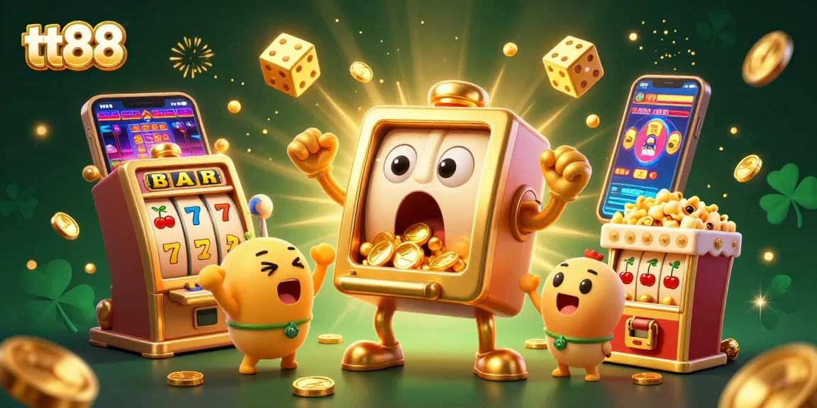 tt88 slot machine celebrates a jackpot win with vibrant gold coins cascading in a lively casino scene.