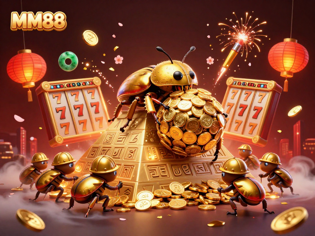 Experience the excitement of MM88 with a dynamic illustration of golden beetles and slot elements.