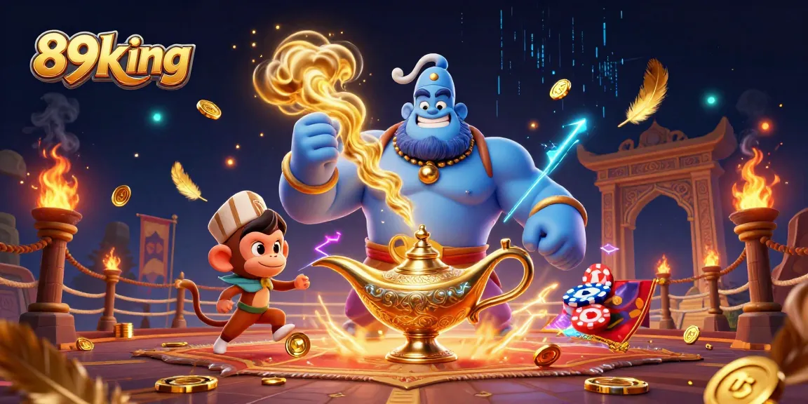Engage with the 89king gaming adventure featuring a muscular genie, a monkey, and poker chips on a magic carpet.